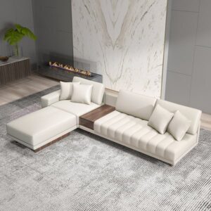 Vewal 126" L-Shaped Performance Leather Modular Sectional Sofa with Chaise & Ottoman