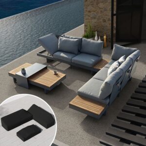 Tevara 4-Piece Outdoor Teak & Aluminum Modular Sofa Set for 6 in Gray with Black Cover