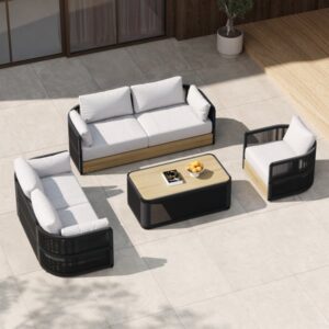 Costra 4-Piece Outdoor Rope Weave Swivel Sofa Set with Coffee Table in Black for 6