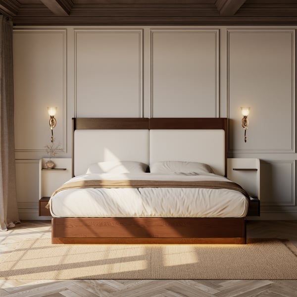 King Solid Wood Bed with Leather Extended Headboard & Floating Smart Nightstand Set