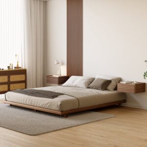 Japanese Style Queen Floor Wood Bed in Walnut